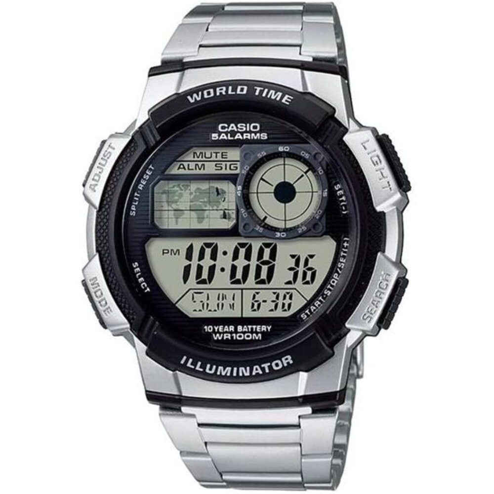 Men’s Digital Watch | Silver | 100M WR | Multi Alarms | 100 SEC Stopwatch